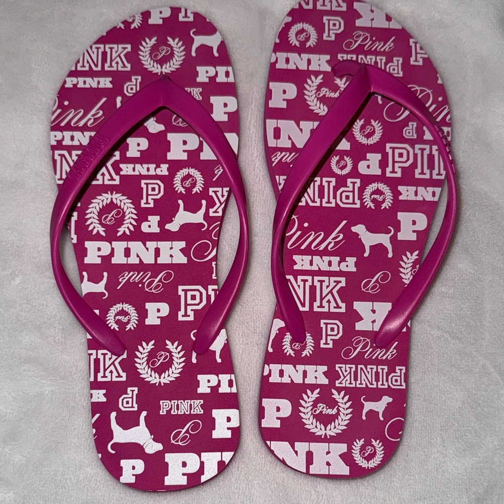 PINK Victoria's Secret Fuchsia Logo Print Flip Flops - Picture 2 of 5